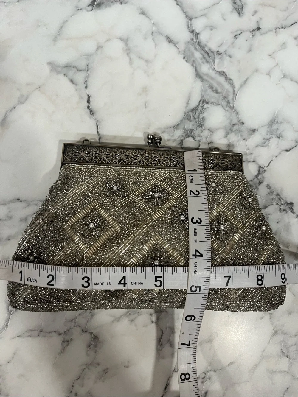 Vintage silver beaded evening clutch ornate filigree metal kissing lock clasp